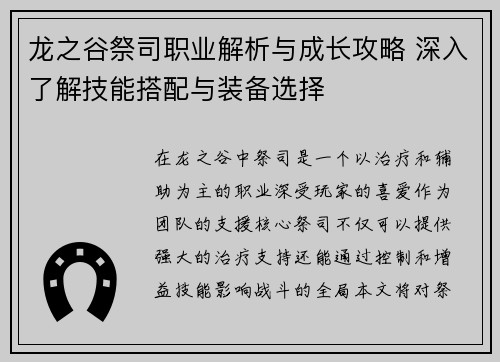 龙之谷祭司职业解析与成长攻略 深入了解技能搭配与装备选择